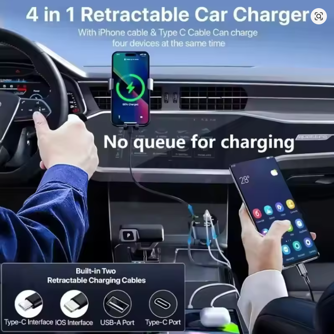 4 in 1 120W Car Charger Retractable Car Cigarette Lighter Adapter USB Type C Fast Charger Cable For IPhone/Android