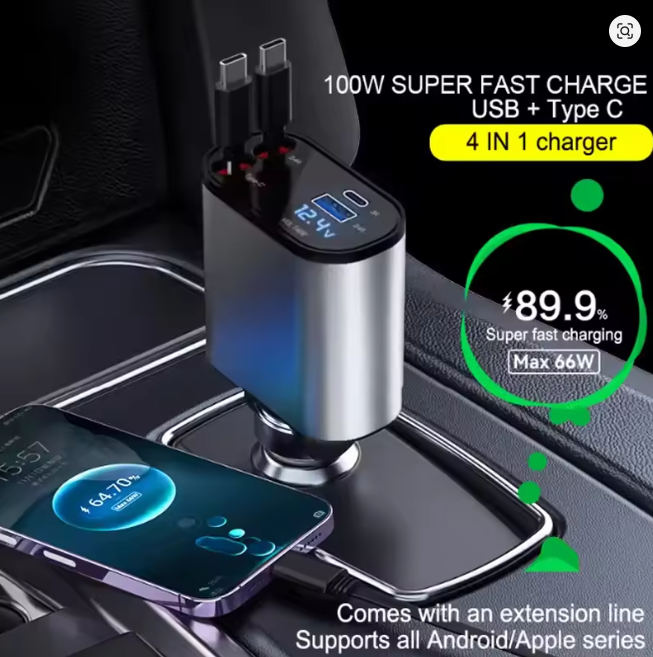 4 in 1 120W Car Charger Retractable Car Cigarette Lighter Adapter USB Type C Fast Charger Cable For IPhone/Android