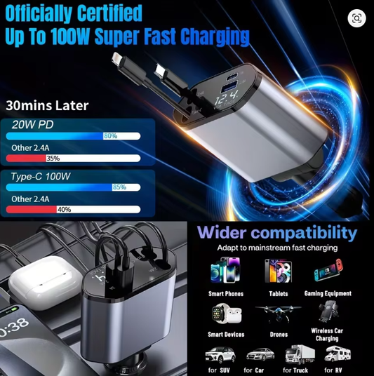 4 in 1 120W Car Charger Retractable Car Cigarette Lighter Adapter USB Type C Fast Charger Cable For IPhone/Android